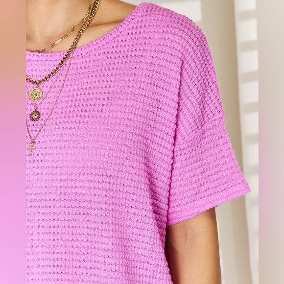 NEW Zenana PLUS + REG Size Mauve Oversized Woven Waffle Knit Short Sleeve Tee - Picture 5 of 6